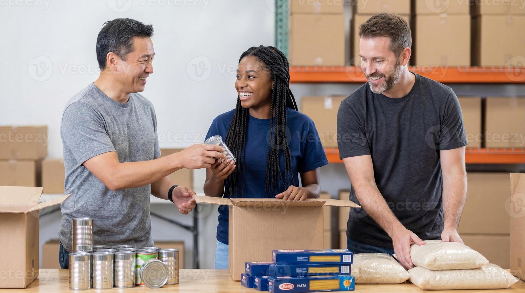 Diverse community volunteers working together